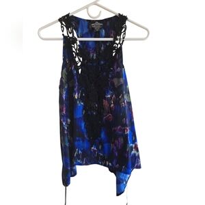 Blue and Black Colorfum Sleeveless Top With Tie Back
